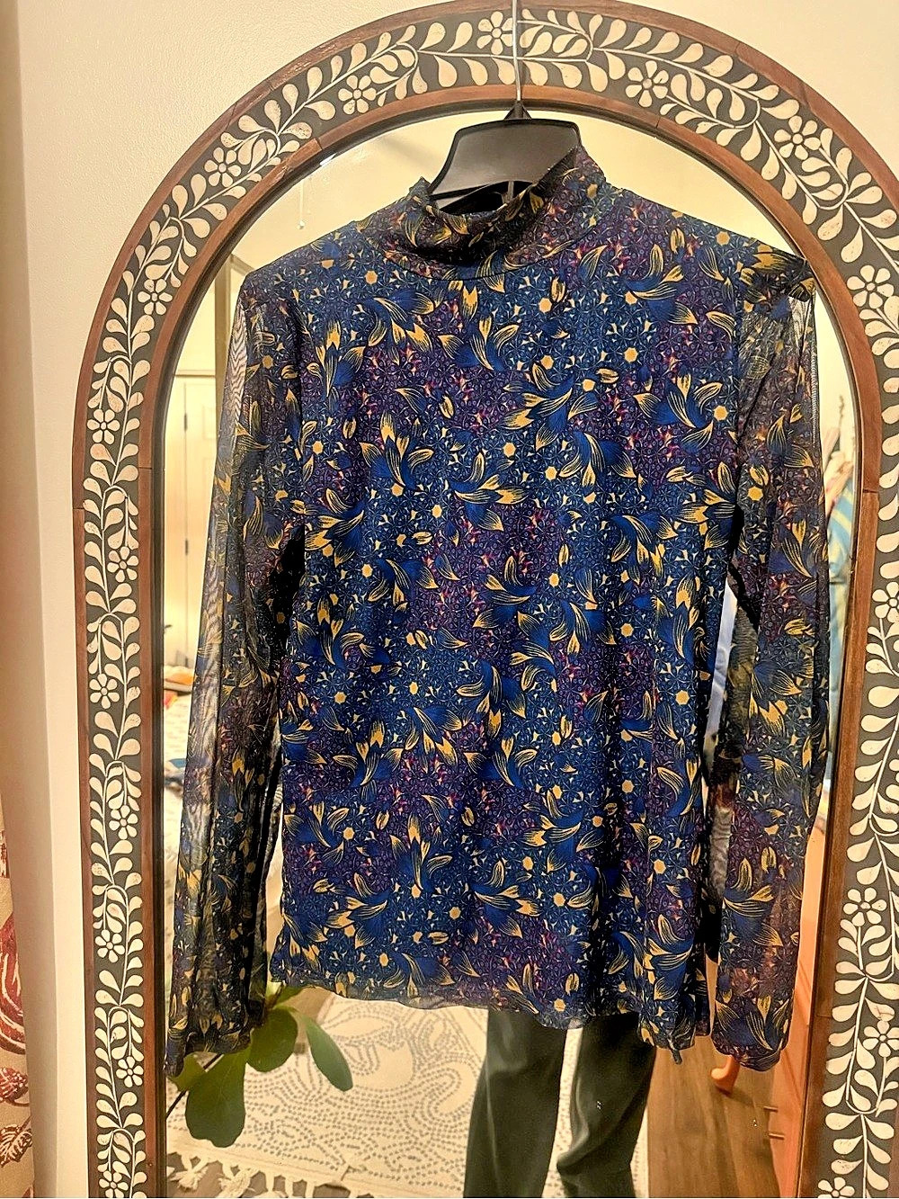 Anthropologie By Anthropologie Sheer Mesh Floral Top Blue & Yellow